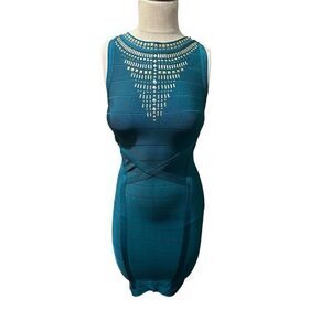 Y2k Bebe Jade Studded Bodycon Stretch Bandage Mini Dress Exposed Zipper Size M